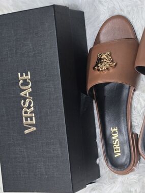 Versace Brown Leather Medusa Slide Mules with Gold Emblem